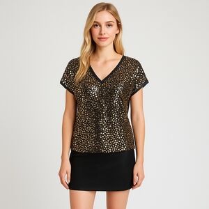 Alberto Makali Black and Gold Sequin Pailettes Dolman Short  Sleeve Blouse M